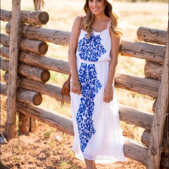 Sabine Dresses & Skirts - Grecian inspired white maxi with blue embroidery M